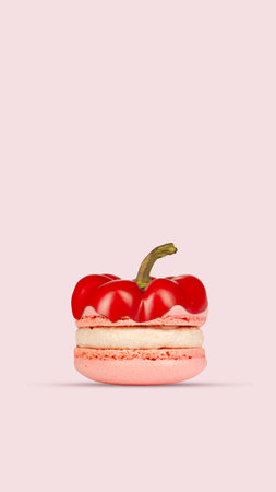 Pink macaron with pepper surprise. French dessert, macaron topped with red peppercorn on pink...