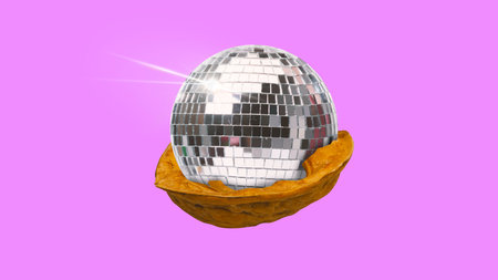 Disco nut. Walnut transformed into disco ball against pink background. Nightclub party. Contemporary...