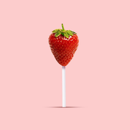 Creative food photography featuring strawberry designed to look like lollipop on soft pink backdrop. Contemporary art collage.の写真素材
