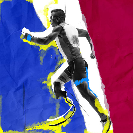 Athletic motivated man with prosthetic leg taking art in marathon and running. Abstract background....