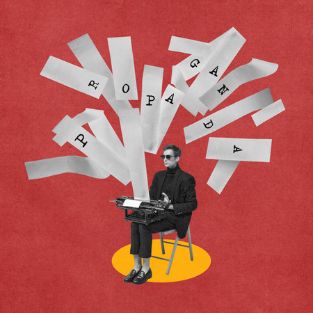 Man in suit sitting and writing on retro typewriter. Journalist creating propaganda texts, writing influential information. Contemporary art collage.の写真素材