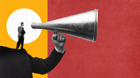 Broadcasting Power. Hand with man holding large megaphone. Authoritative voice of control, in politics, media, corporate leadership. Contemporary art collage.の写真素材