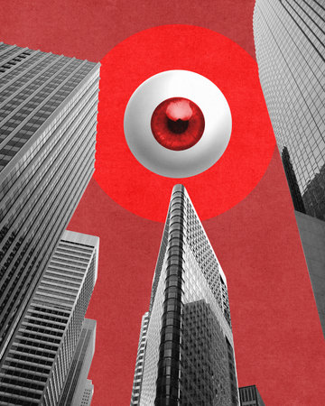 Gian eye-seeing eye watching above city building, skyscrapers showcasing control and manipulation of society. Contemporary art collage.の写真素材
