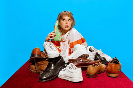 Young woman with short blonde hair, sitting amongst diverse collection of shoes against blue...