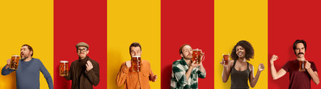 Collage. Happy delightful young people, men and women holding glasses with lager beer, drinking and enjoying on red yellow background.の写真素材
