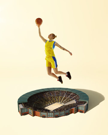 3D render. Dynamic image of young girl in yellow uniform with ball, basketball player during game above stadium. Creative collage.の写真素材