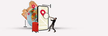 Man looking in magnifying glass on digital tablet with man. Modern way of navigating through travel apps. Contemporary art collage.の写真素材