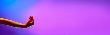 Child gesturing with hand against gradient blue purple background in neon light. Opinion