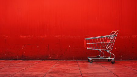Shopping cart stands against vivid red background, symbolizing the readiness and anticipation of consumers on Black Fridayの写真素材