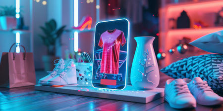 High-tech depiction of online shopping during Black Friday, featuring an interactive display with clothes adding to chart. Online shoppingの写真素材