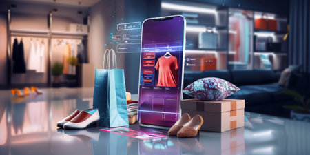 Innovation in shopping. High-tech depiction of online shopping during Black Friday, featuring interactive display with clothes adding to chart.の写真素材