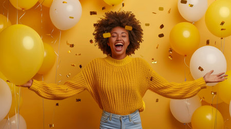 Happy young African woman expressing happiness and joy, standing in joy against bright yellow background.の写真素材