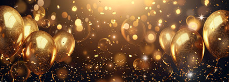 Many golden colored balloons and confetti. Banner for ad, text.の写真素材