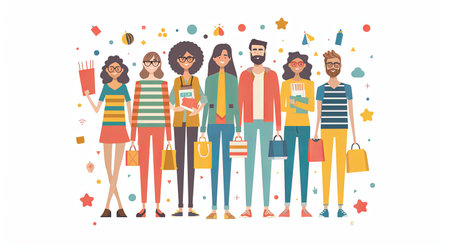 Groups of different people holding many shopping bags symbolizing successful and comfortable shopping activity.の写真素材