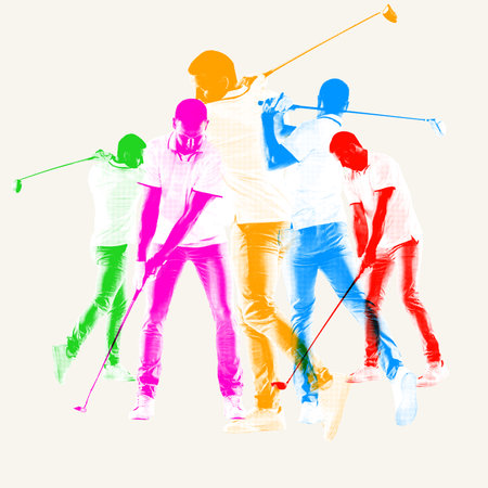 Multiple movements. Man playing golf against light background. Contemporary art collage.の写真素材