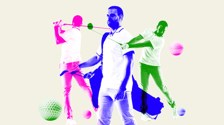 Multiple player, man in sportswear with golf clubs, applying against beige background. Contemporary art collage.の写真素材