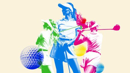 Dynamic image of young girl in white uniform playing golf on beige background. Contemporary art collage.の写真素材
