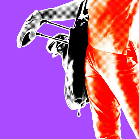 Man, golden carrying gold item for game against purple background. Contemporary art collage.の写真素材