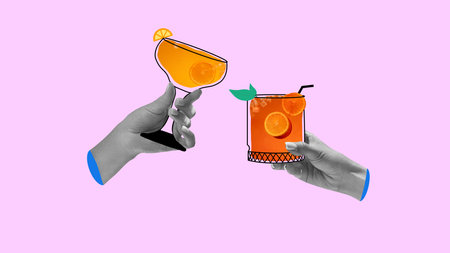 Cheers, friends meeting. People clinking glasses with sweet and sour and strong cocktail against pink background. Creative colorful design.の写真素材