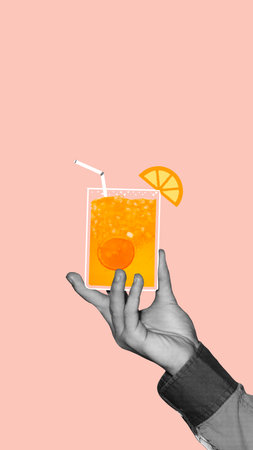 Monochrome hand holding colorful citrus cocktail with oranges. cool lemonade against light peach background. Creative colorful design.の写真素材