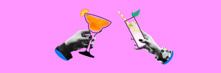 Cheers. Hands clinking glasses with cocktails against pink background. Banner. Creative colorful...