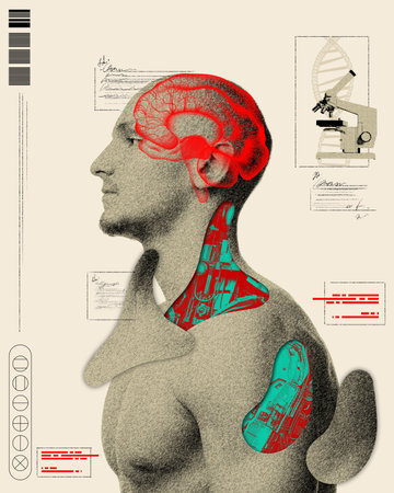 Neurological science. Profile view of human head with brain and neck highlighted in red....