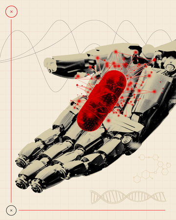 Nanotechnology in Medicine. Robotic hand holding red pill. Intersection of advanced robotics and...