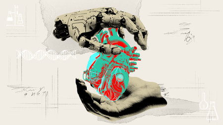 Heart with mechanical gears and electronic circuits. Biomechanical engineering. Enhancing human health and longevity. Contemporary art collage.の写真素材