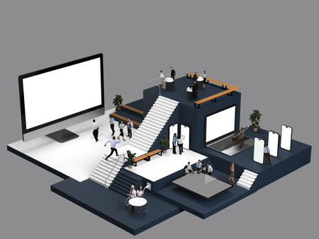 Interactive Business Ecosystem. Interactive Business Ecosystem. Business people working on different tasks. Digital technology in modern business practices. 3D render.の写真素材
