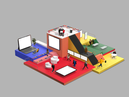 Modern Work Ecosystem. Unique, multileveled office space with distinct color-coded areas. Modern...