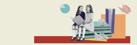 Two school-aged girls, dressed in traditional school uniforms, engage in reading together. Contemporary art collage.の写真素材