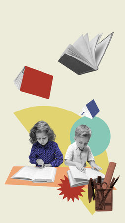 Two little children, boy and girls sitting at table and reading, doing homework. Contemporary art collage.の写真素材