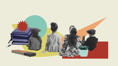 Boys and girl sitting in pile of books against abstract geometric background. Learning activity. Contemporary art collage.の写真素材