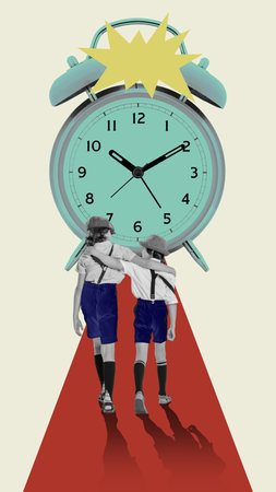 Two schoolchildren, friends walking confidently in direction to alarm clock. Time to school. Contemporary art collage.の写真素材