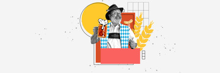 Bavarian senior man with lager beer and grilled sausage on abstract colorful background. Contemporary art collage.の写真素材