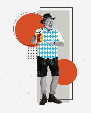 Happy senior man in traditional Bavarian clothes serving mug with lager foamy beer on abstract background. Contemporary art collage.の写真素材