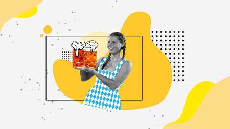 Beautiful smiling young woman, waiter serving lager foamy beer. Abstract colorful background. Contemporary art collage.の写真素材