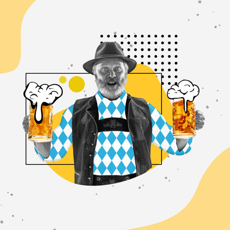 Excited elderly man in traditional Bavarian quotes with two mugs of lager foamy beer on abstract background. Contemporary art collage.の写真素材