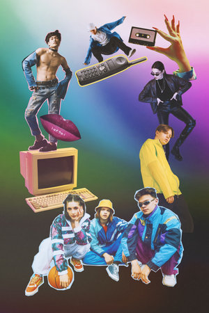Flashback to Y2K. Young people represent old style fashion with denim sportswear and leather style...