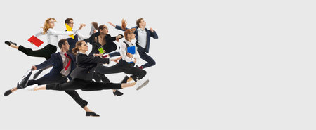 Motivated employees, men and women in motion, running forward to professional success and growth isolated on white background.の写真素材