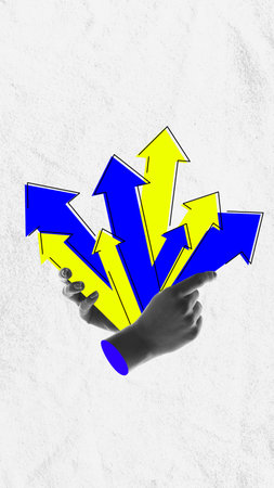 Hand holding multiple arrows pointing upwards, symbolizing business strategy focused on growth and expansion. Conceptual design. Art collage.の写真素材