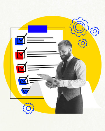 Focus on Business Goals. Worker managing his business goals through structured checklist. Balanced...