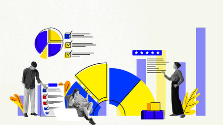 Strategic Planning and Evaluation. Business people engaged in various business tools such as checklists, pie charts, and performance bars. Conceptual design. Art collage.の写真素材