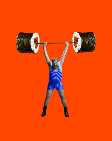 Muscular man in striped clothes lifting heavy barbell with sushi elements on orange background. Contemporary art collage.の写真素材