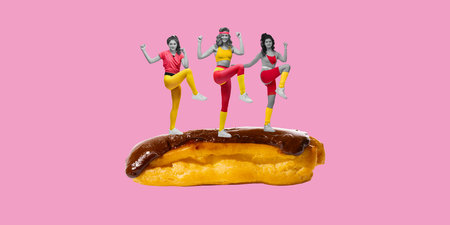 Beautiful young women in retro sportswear training aerobics on delicious eclair dessert on pink...