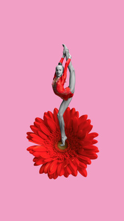 Young girl training rhythmic gymnastics, performing on red flower against pink background. Contemporary art collage.の写真素材