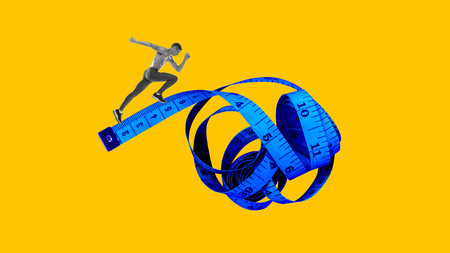 Muscular athletic young man running on measuring tape against bright yellow background. Weight loss....