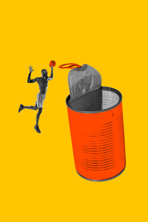 Creative composition with man, basketball player in motion, throwing ball into empty can on yellow...