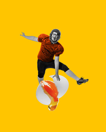 Dynamic image of man, American football athlete jumping over egg against bright yellow background. Contemporary art collage.の写真素材