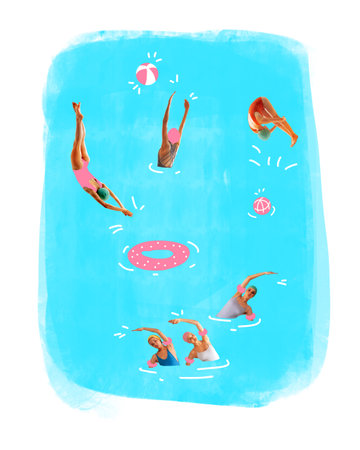 Group of people enjoying warm summer day in swimming pool, relaxing in floating circles, swimming. Contemporary art collage.の写真素材